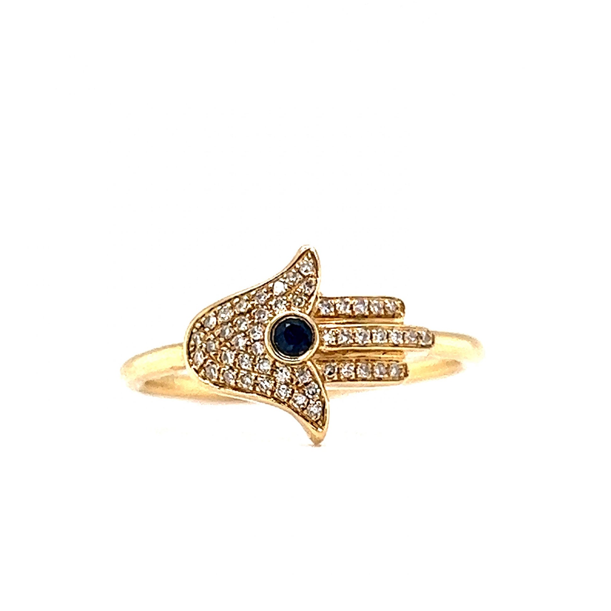 Pave Diamond & Sapphire Hamsa Hand Ring in 14k Yellow Gold