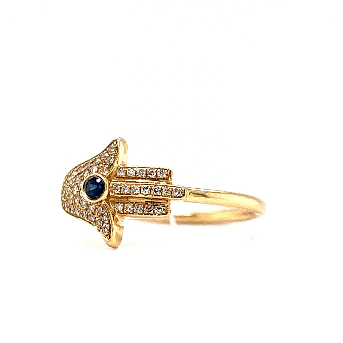 Pave Diamond & Sapphire Hamsa Hand Ring in 14k Yellow Gold