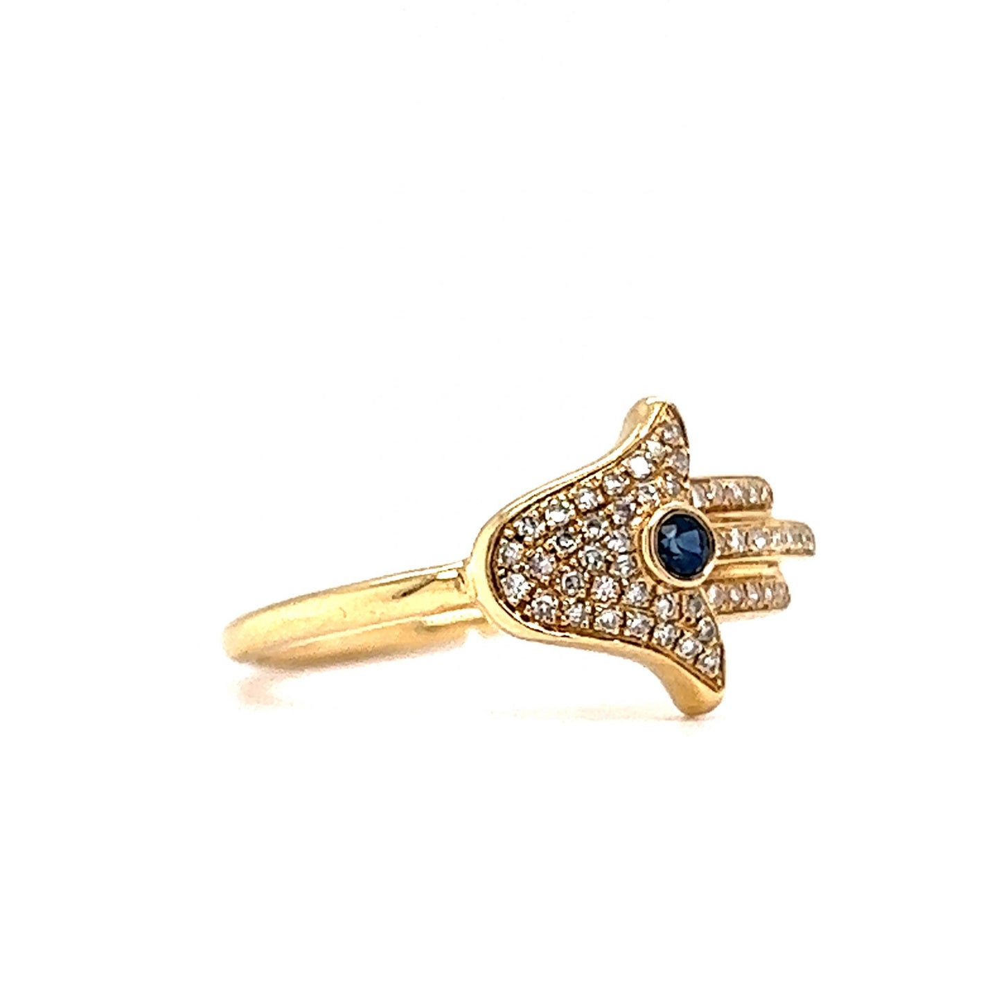 Pave Diamond & Sapphire Hamsa Hand Ring in 14k Yellow Gold