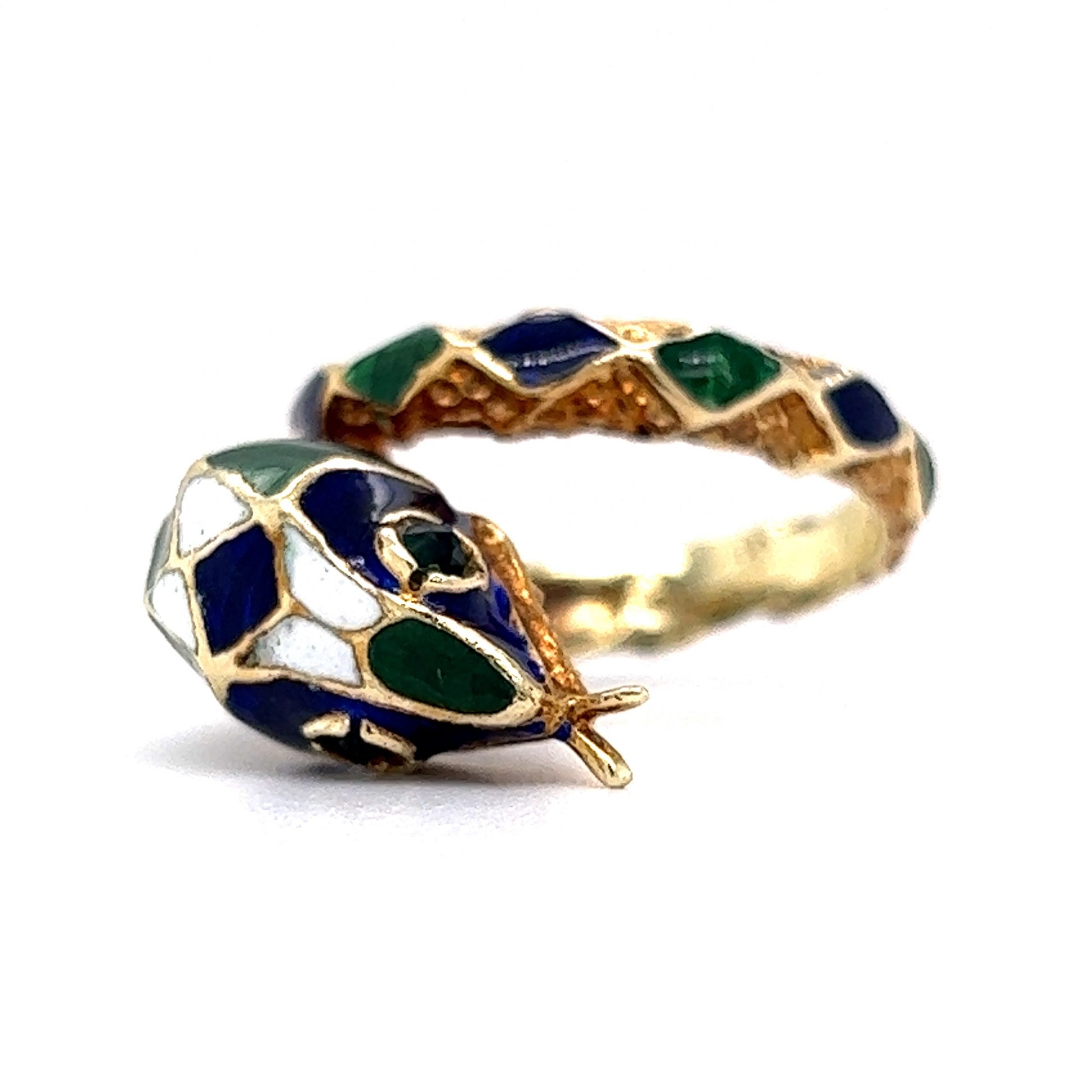 Mid-Century Enamel Snake Cocktail Ring in 14k Yellow Gold