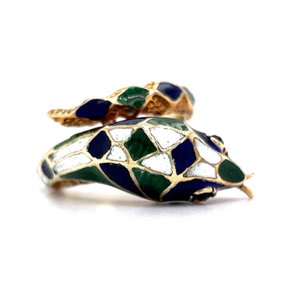 Mid-Century Enamel Snake Cocktail Ring in 14k Yellow Gold