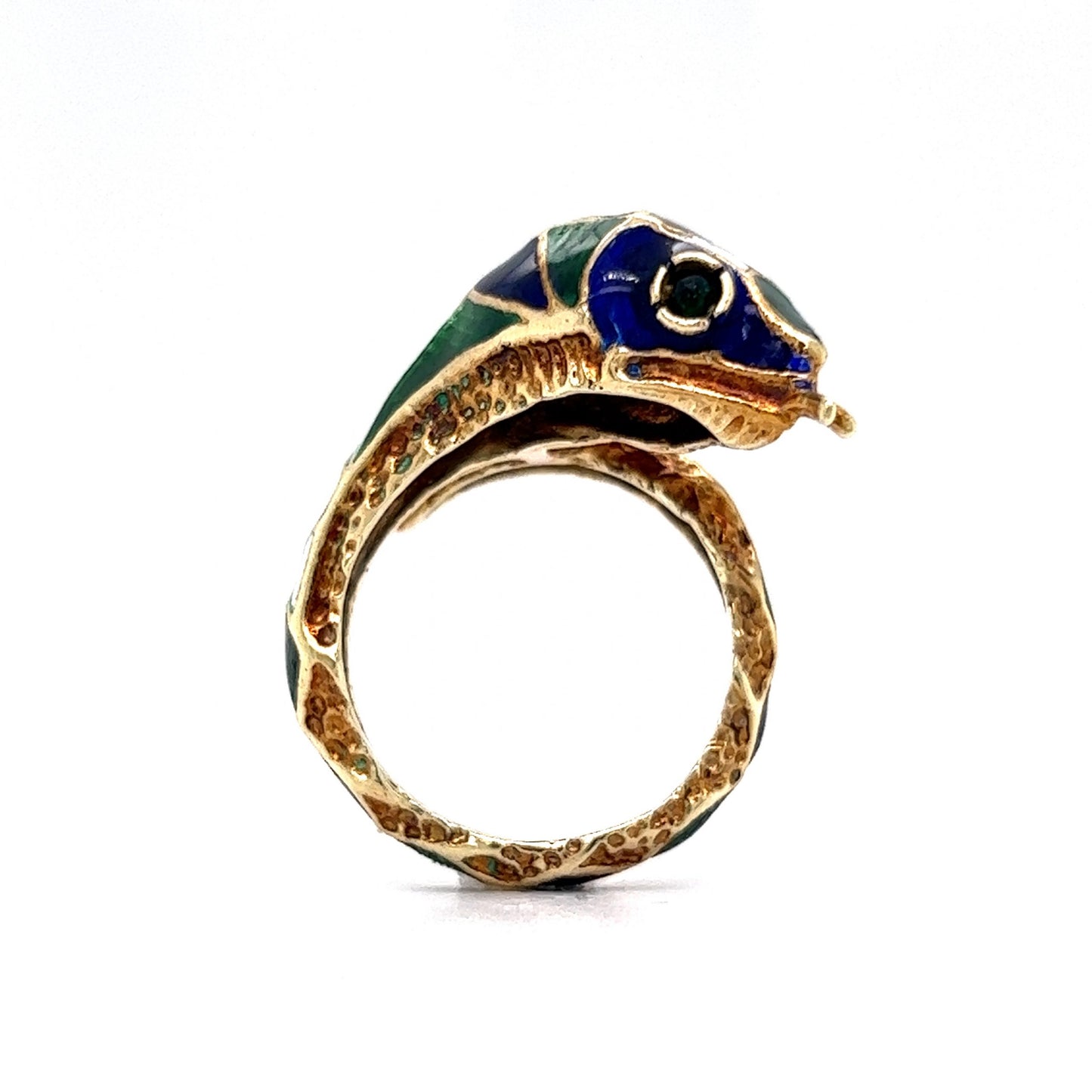 Mid-Century Enamel Snake Cocktail Ring in 14k Yellow Gold