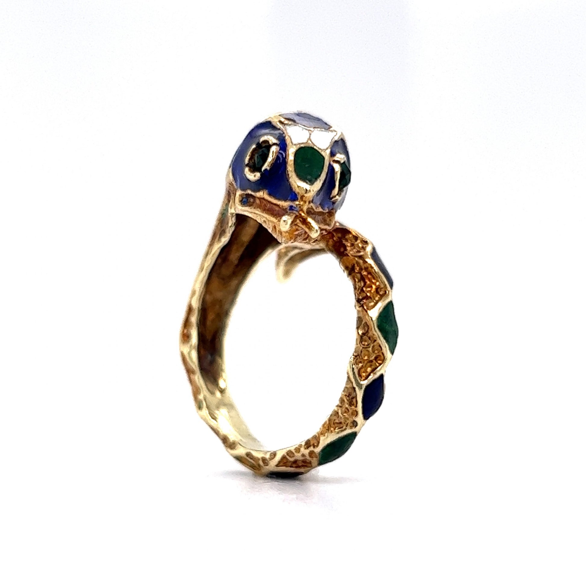 Mid-Century Enamel Snake Cocktail Ring in 14k Yellow Gold