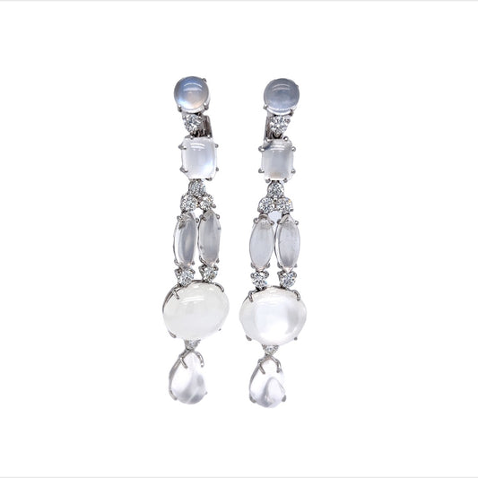 Moonstone & Diamond Drop Earrings in 18k White Gold