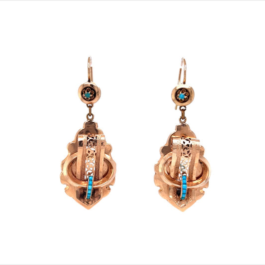 Victorian Turquoise Scroll Drop Earrings in 10k Rose Gold