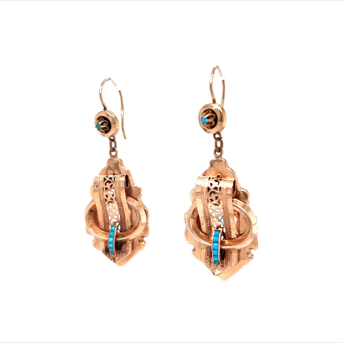 Victorian Turquoise Scroll Drop Earrings in 10k Rose Gold