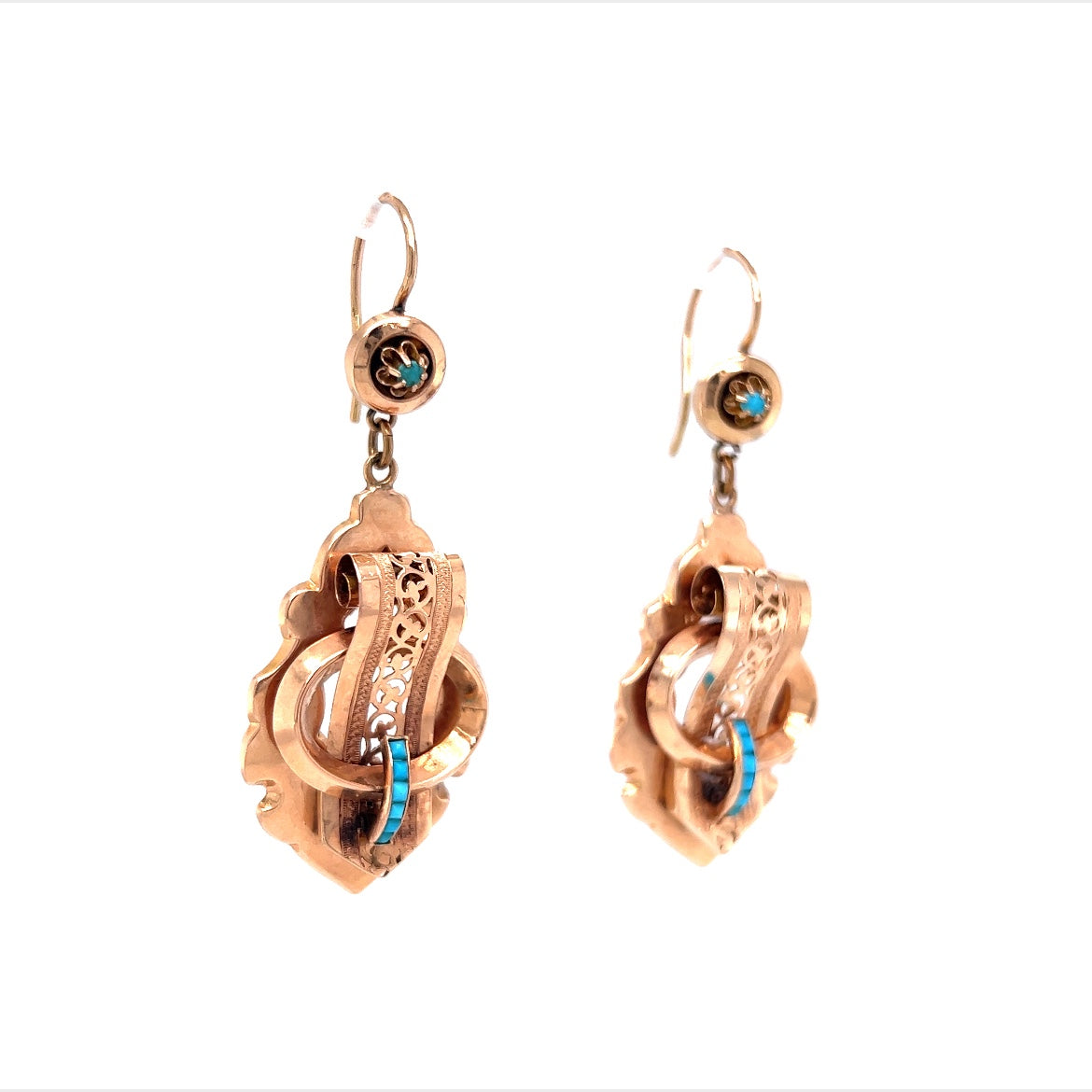 Victorian Turquoise Scroll Drop Earrings in 10k Rose Gold