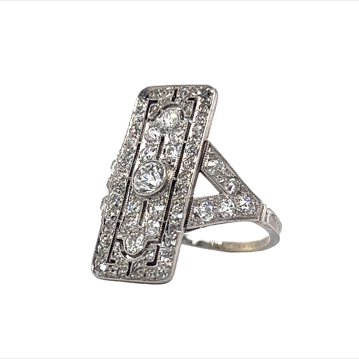 Edwardian Rectangular Diamond Cocktail Ring in 14k White Gold