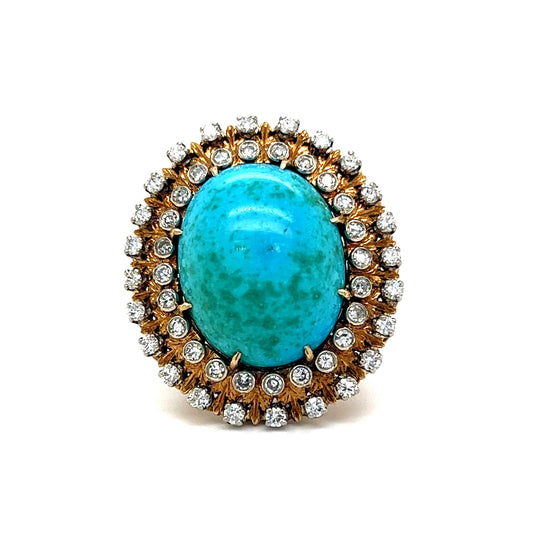 Vintage Double Diamond Halo Turquoise Ring in 18k Yellow Gold