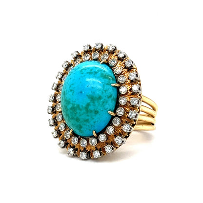 Vintage Double Diamond Halo Turquoise Ring in 18k Yellow Gold