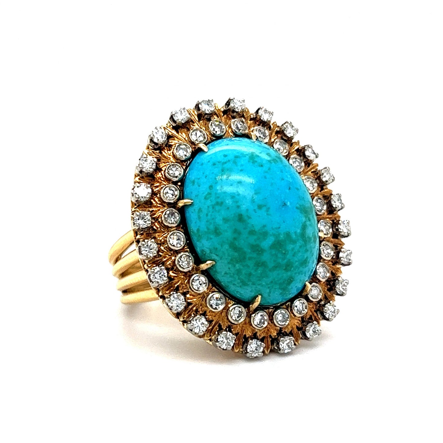 Vintage Double Diamond Halo Turquoise Ring in 18k Yellow Gold