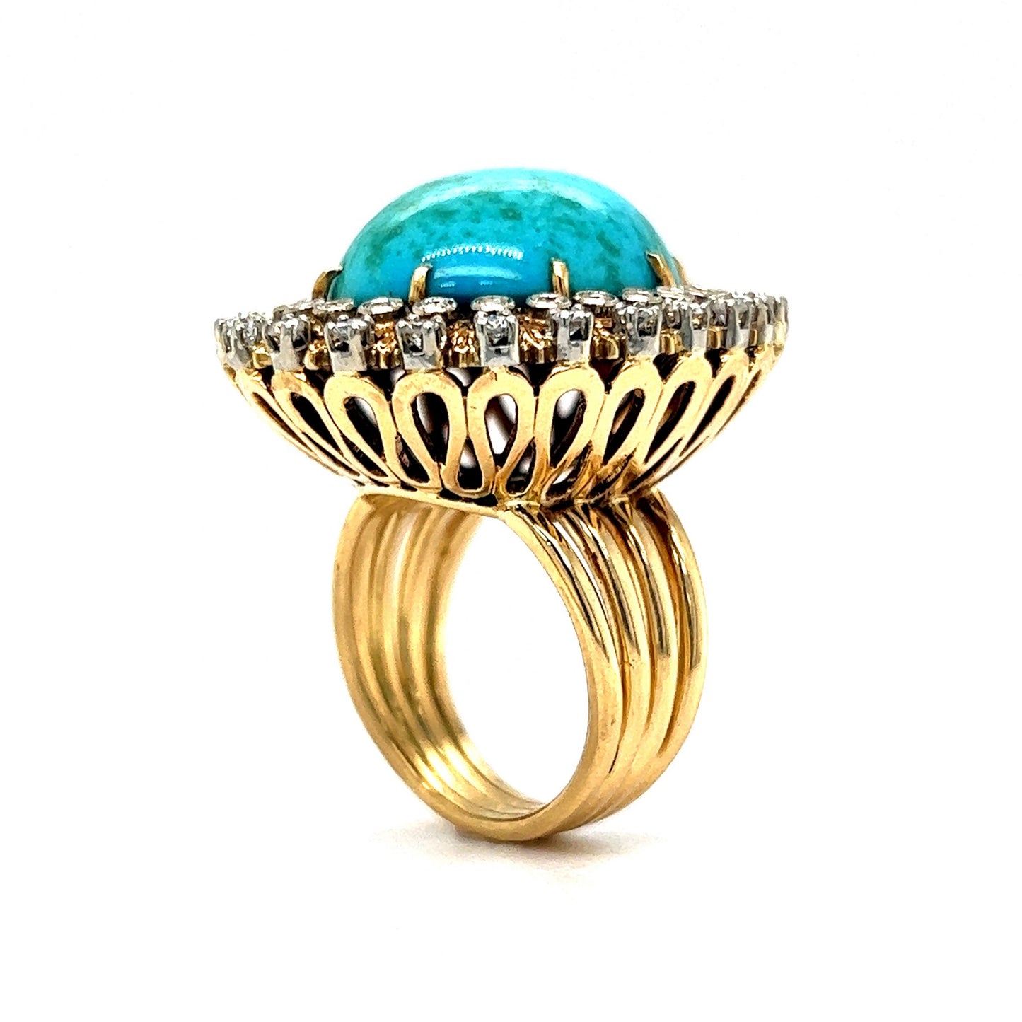 Vintage Double Diamond Halo Turquoise Ring in 18k Yellow Gold