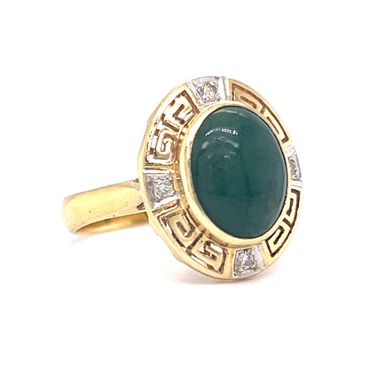 Mid-Century Ornate Jade & Diamond Ring in 18k Yellow Gold