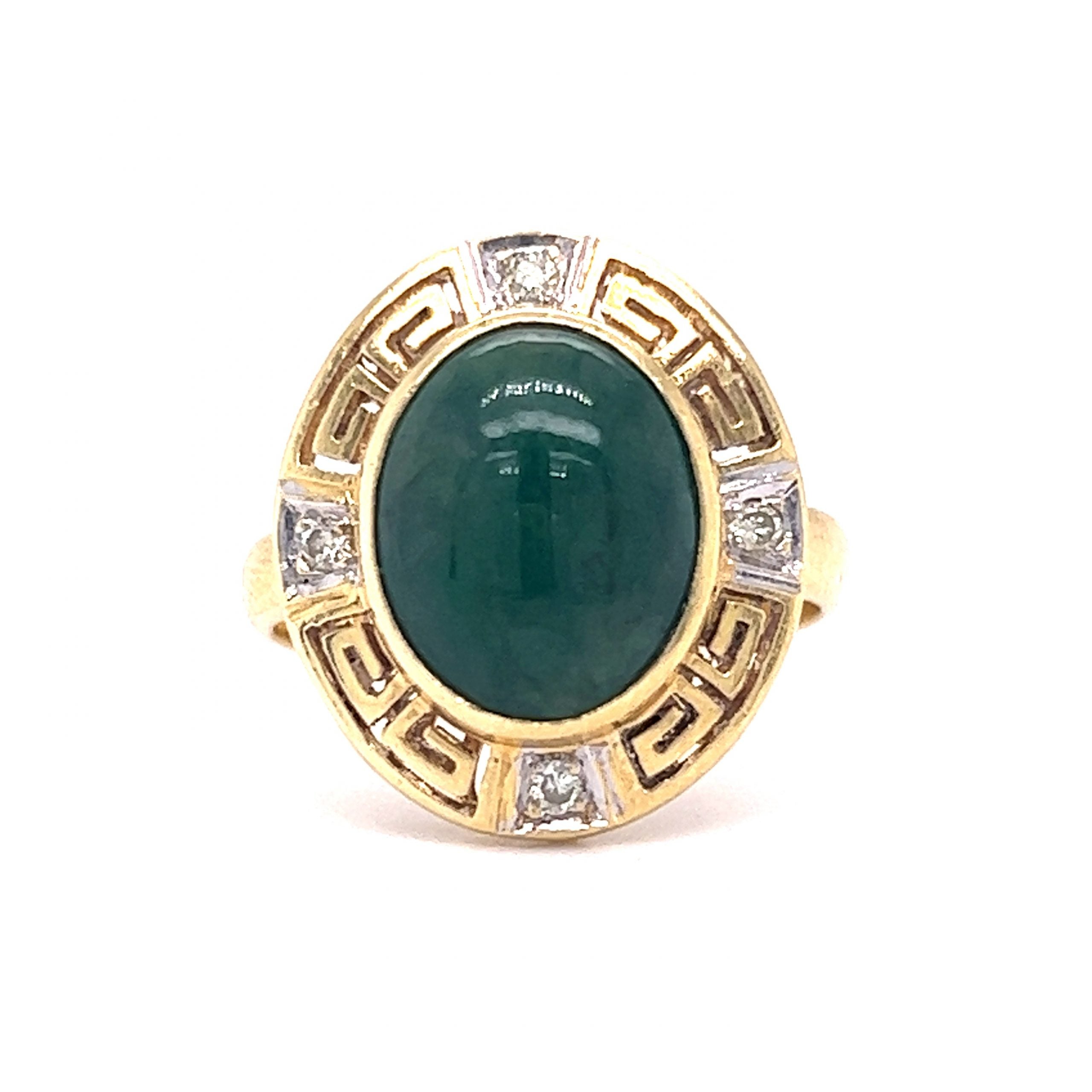 Mid-Century Ornate Jade & Diamond Ring in 18k Yellow Gold