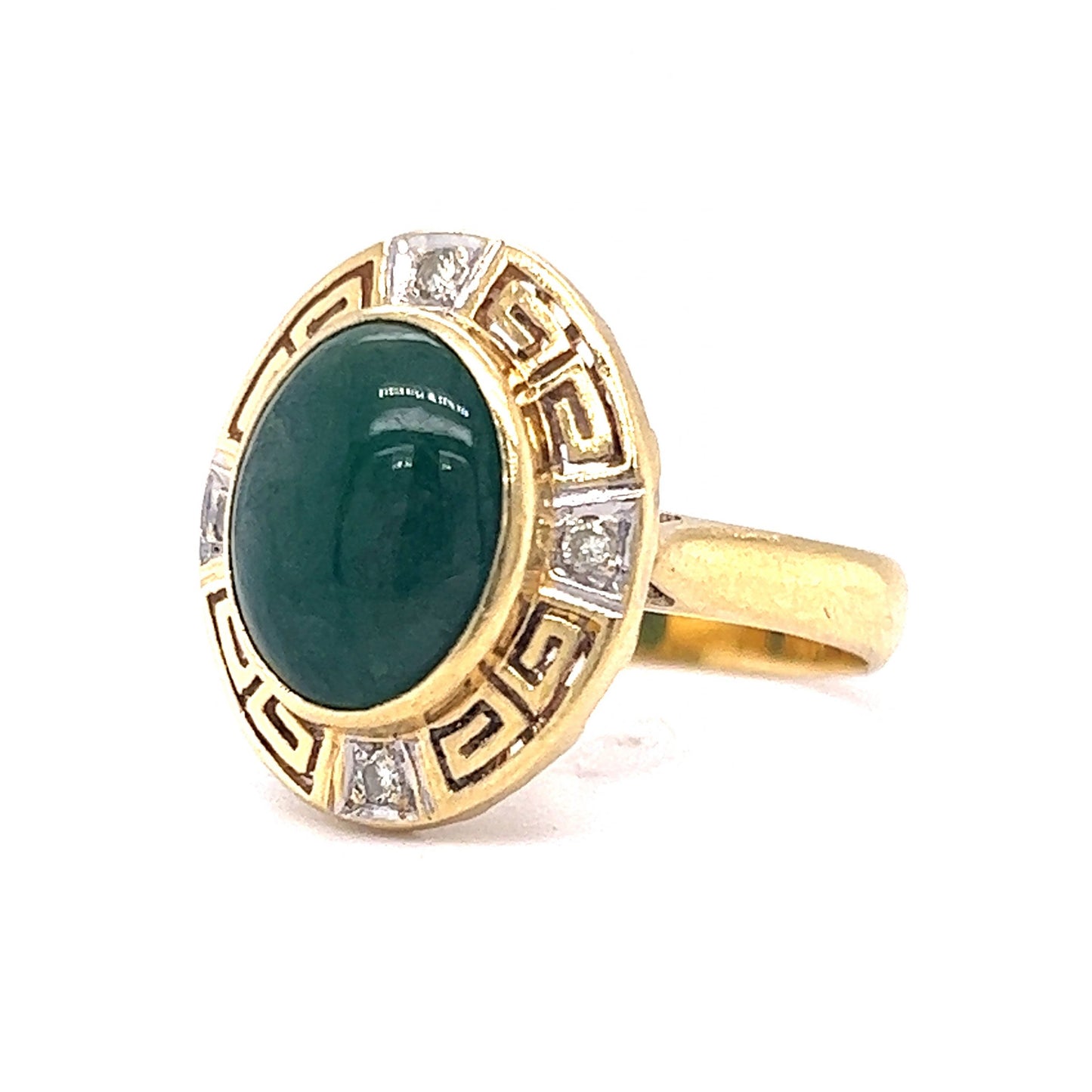 Mid-Century Ornate Jade & Diamond Ring in 18k Yellow Gold