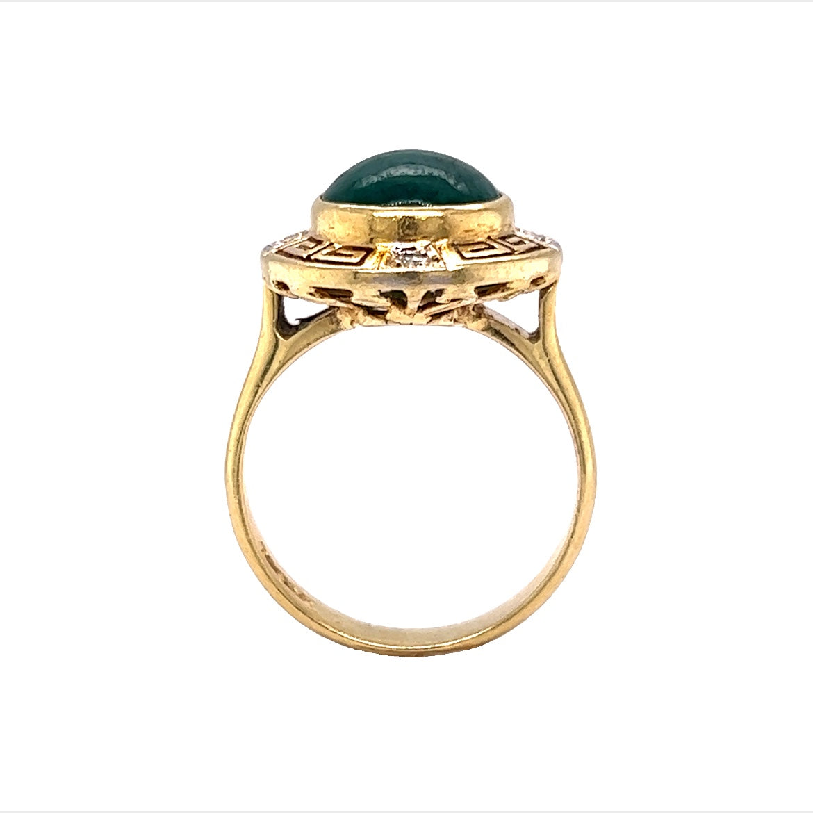 Mid-Century Ornate Jade & Diamond Ring in 18k Yellow Gold