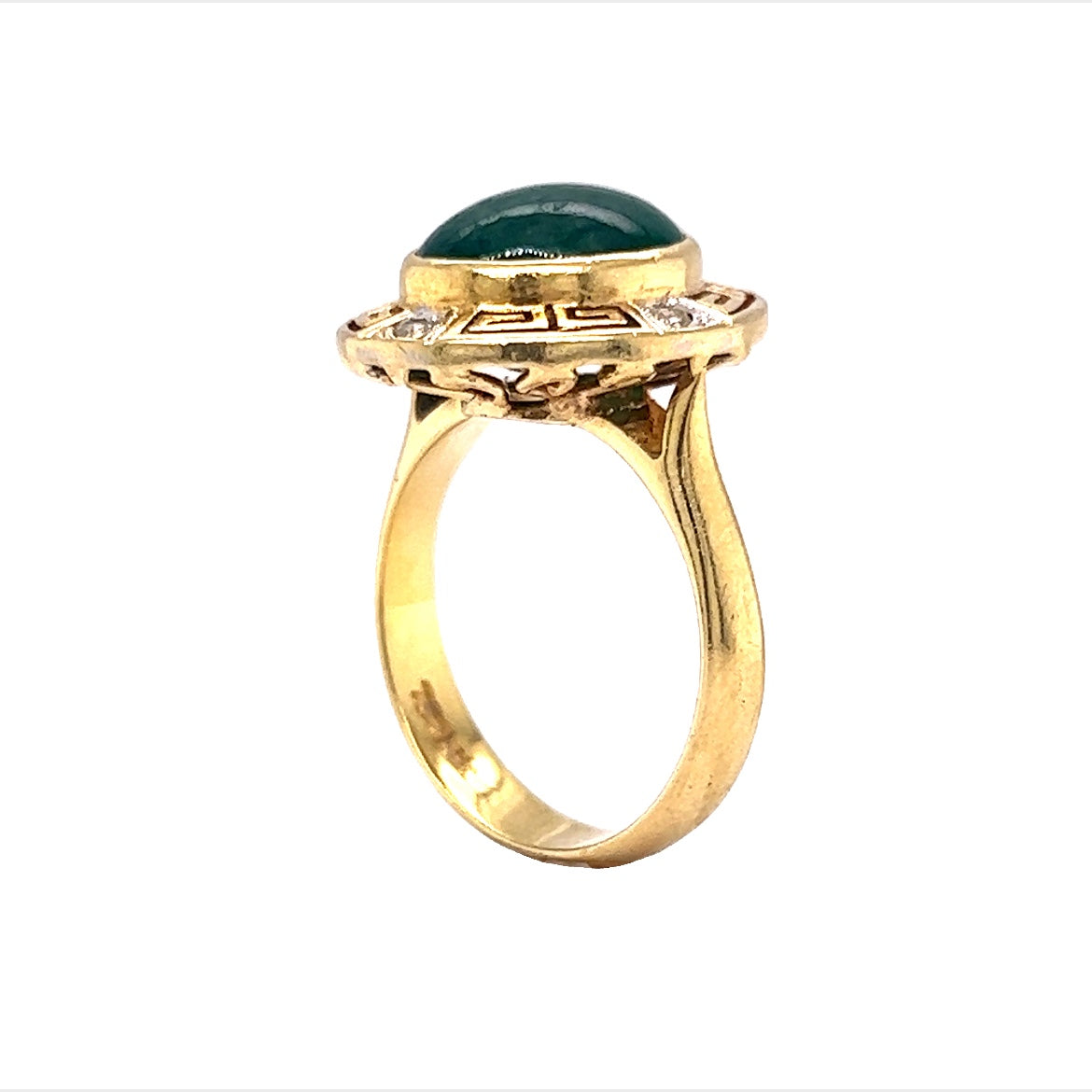 Mid-Century Ornate Jade & Diamond Ring in 18k Yellow Gold