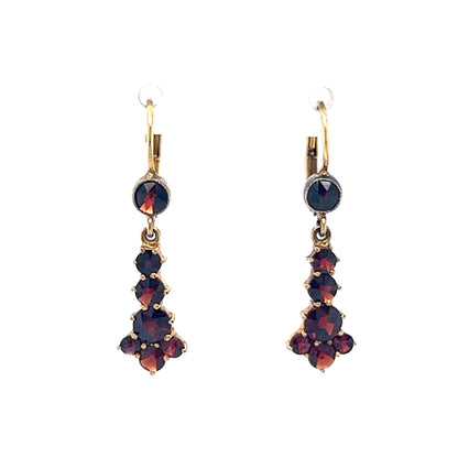 Victorian Garnet Cluster Drop Earrings in 14k Yellow Gold