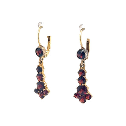 Victorian Garnet Cluster Drop Earrings in 14k Yellow Gold