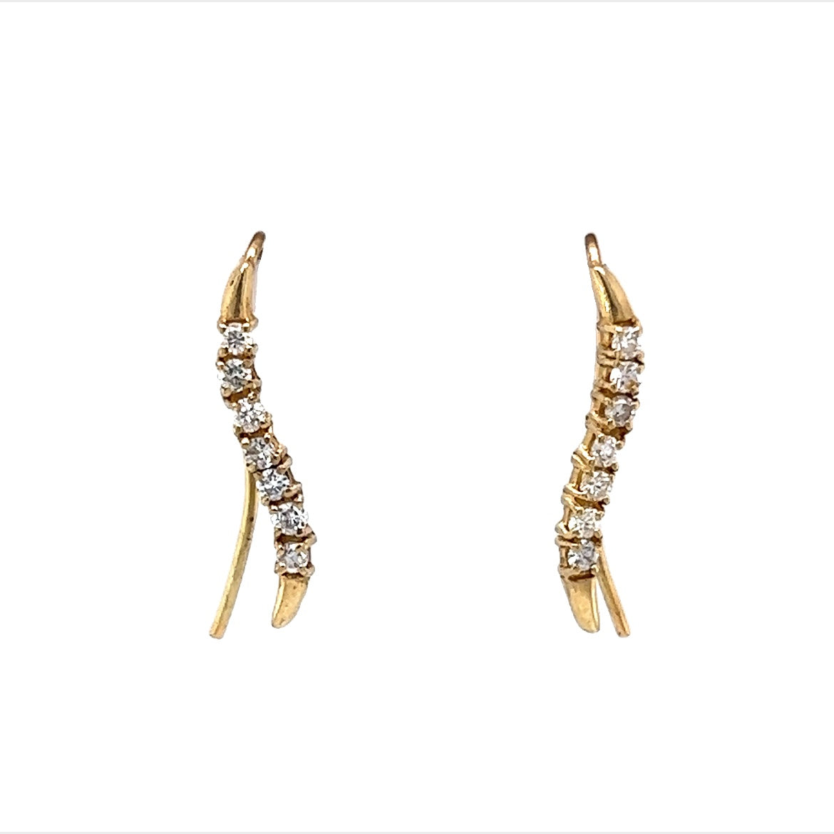Curved Diamond Bar Drop or Climber Earrings in 14k Yellow Gold