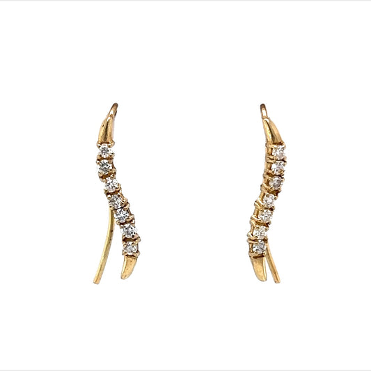 Curved Diamond Bar Drop or Climber Earrings in 14k Yellow Gold