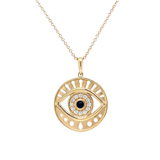 Black Onyx & Diamond Evil Eye Necklace in 14k Yellow Gold