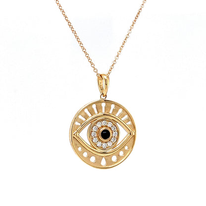 Black Onyx & Diamond Evil Eye Necklace in 14k Yellow Gold