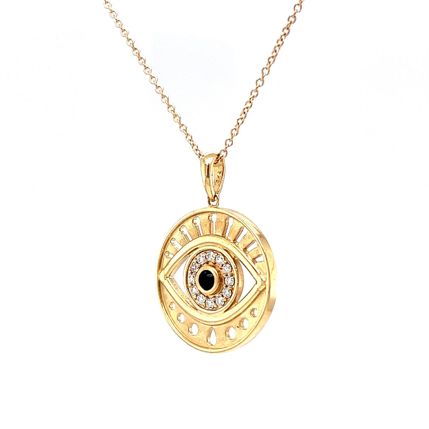 Black Onyx & Diamond Evil Eye Necklace in 14k Yellow Gold