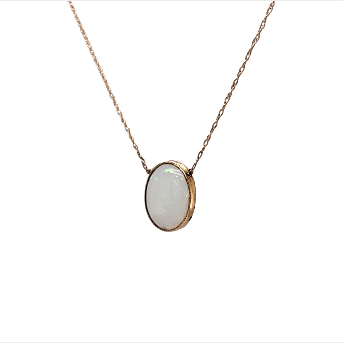 Victorian Bezel Set Oval Opal Pendant Necklace in 14k Yellow Gold