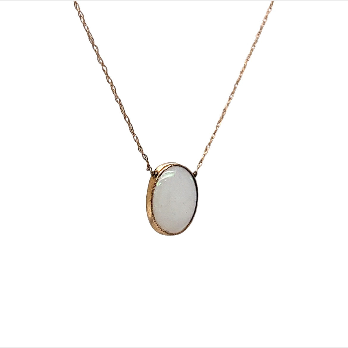 Victorian Bezel Set Oval Opal Pendant Necklace in 14k Yellow Gold