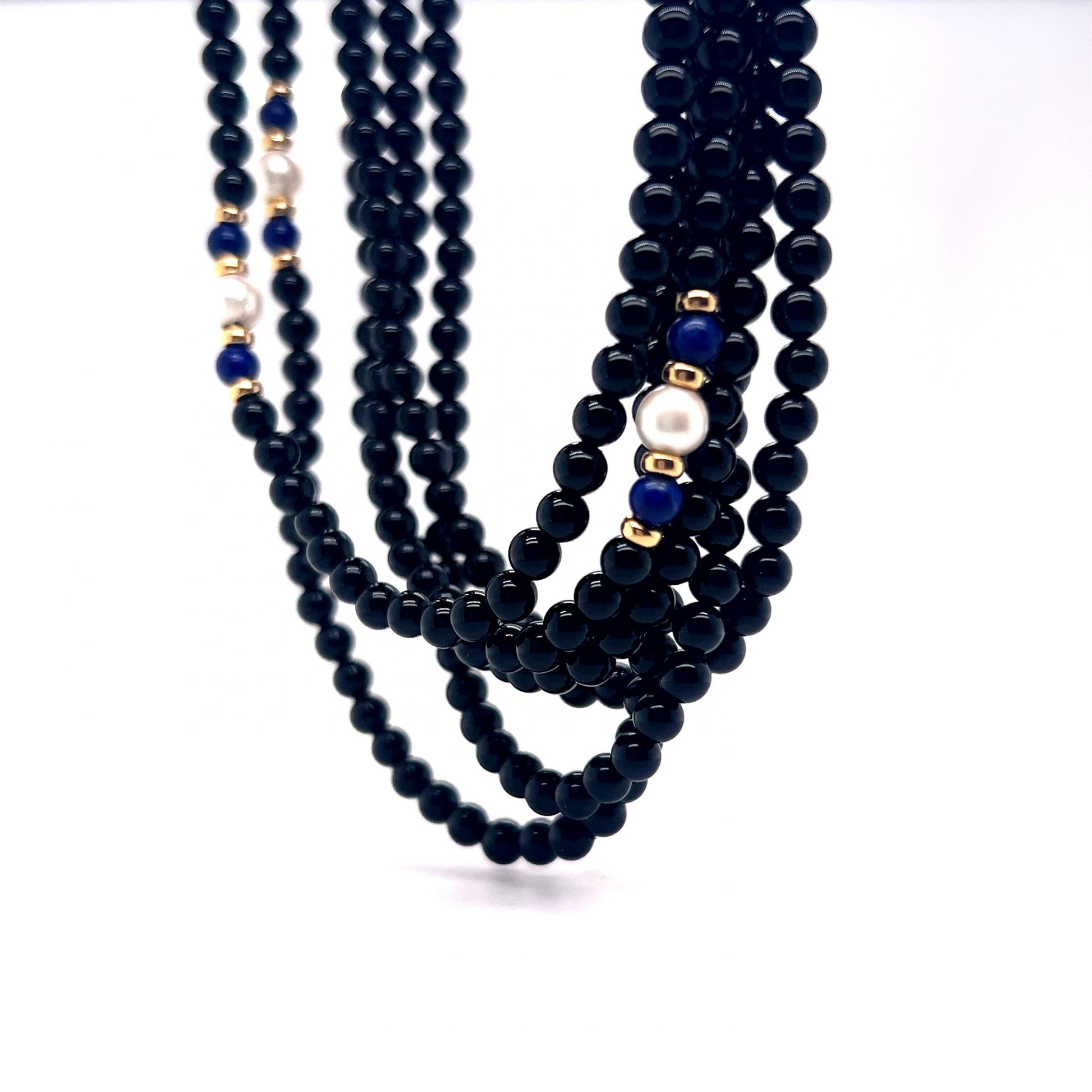 32 Inch Black Onyx Beaded Necklace in 14k Yellow Gold