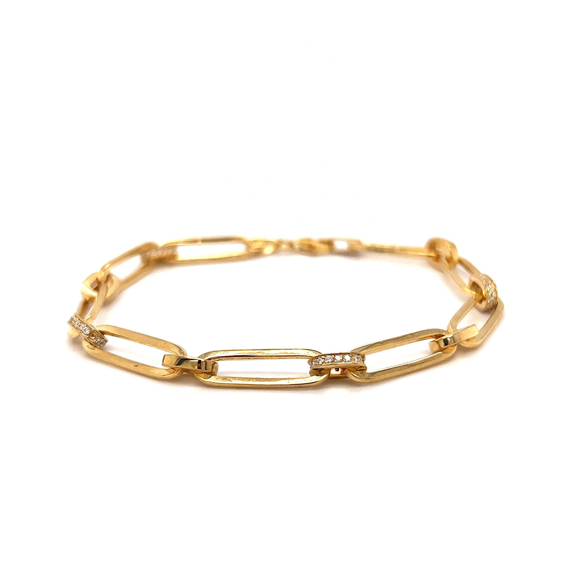 Pave Diamond Link Paperclip Chain Bracelet in 14k Yellow Gold