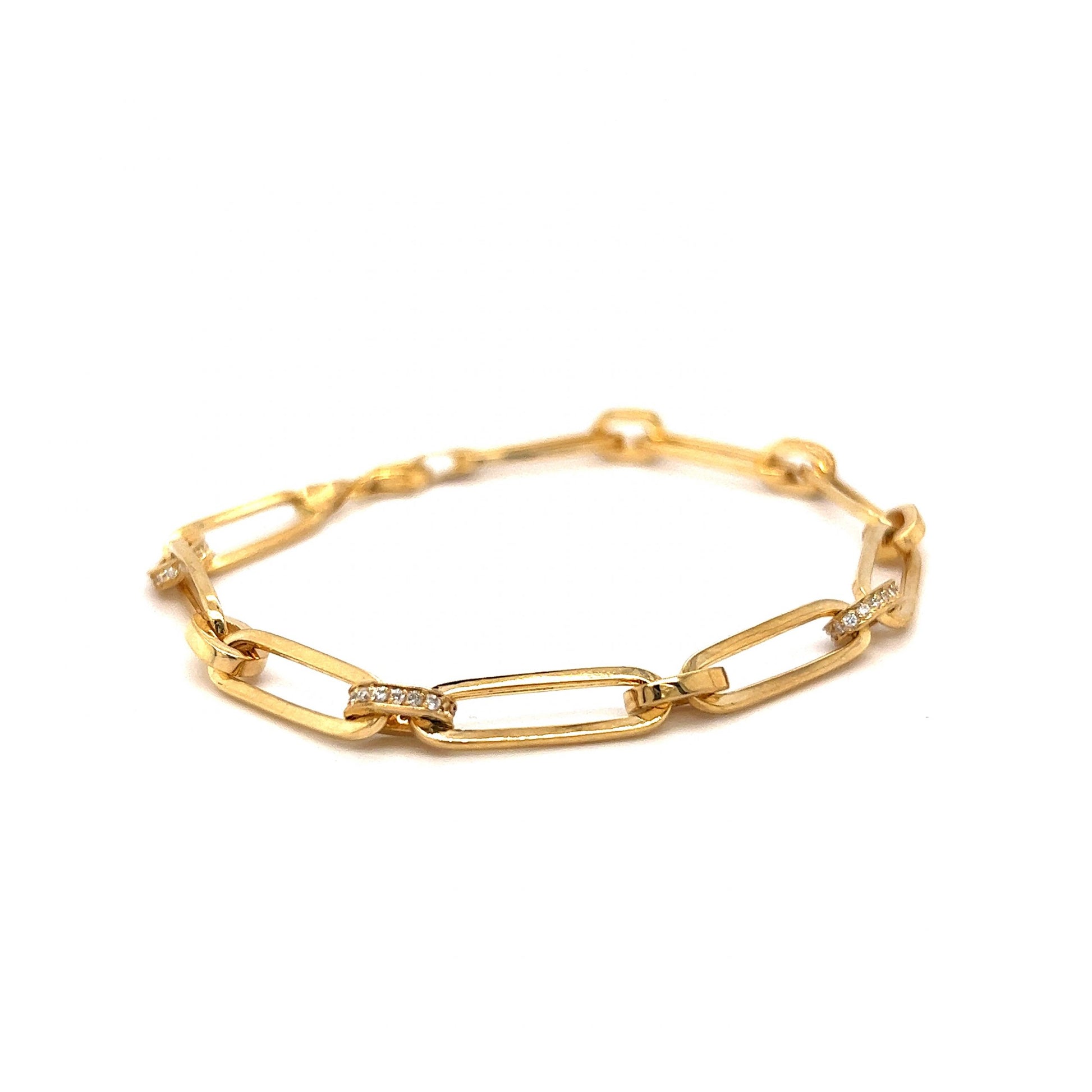 Pave Diamond Link Paperclip Chain Bracelet in 14k Yellow Gold