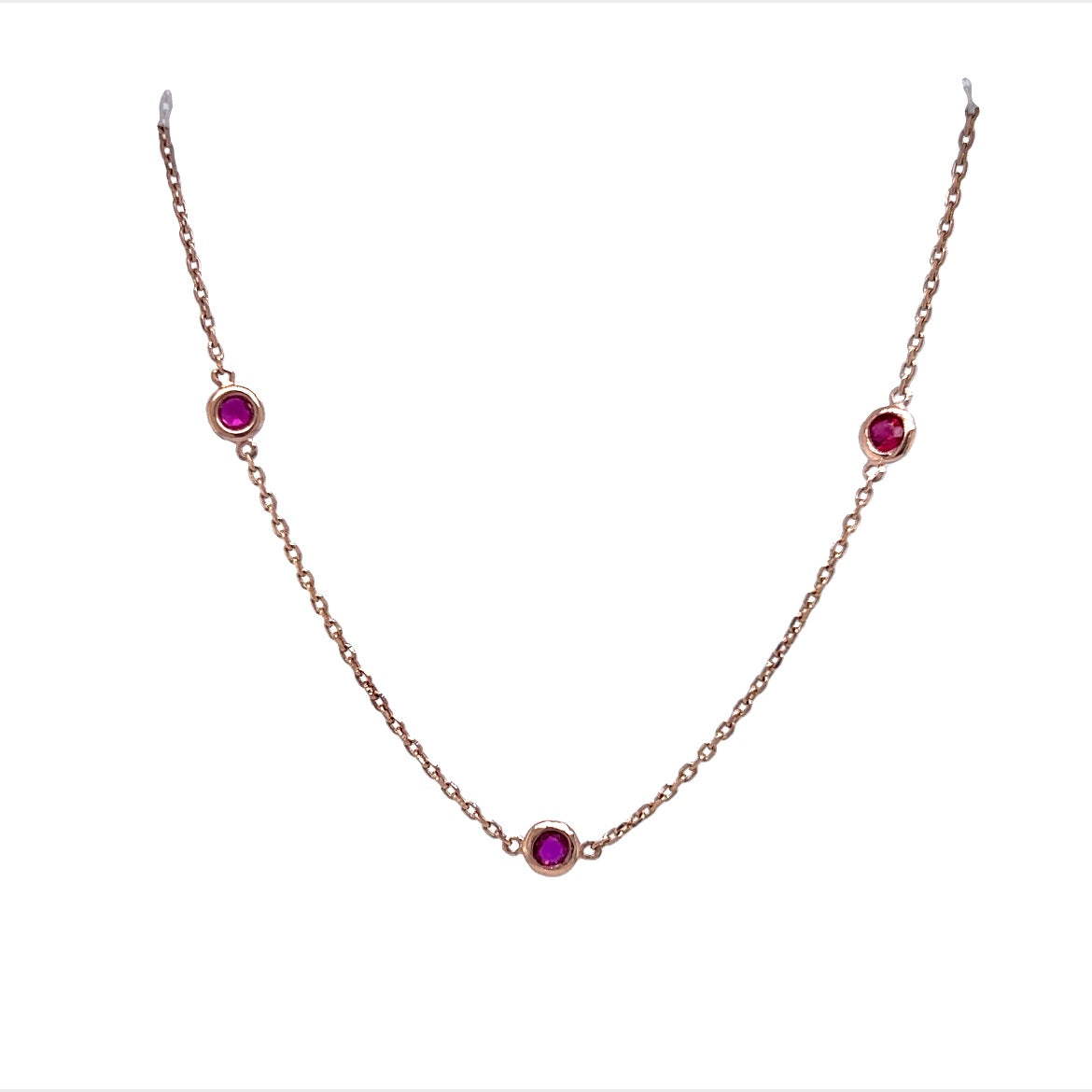 Bezel Set Ruby Chain Necklace in 14k Rose Gold - Filigree Jewelers
