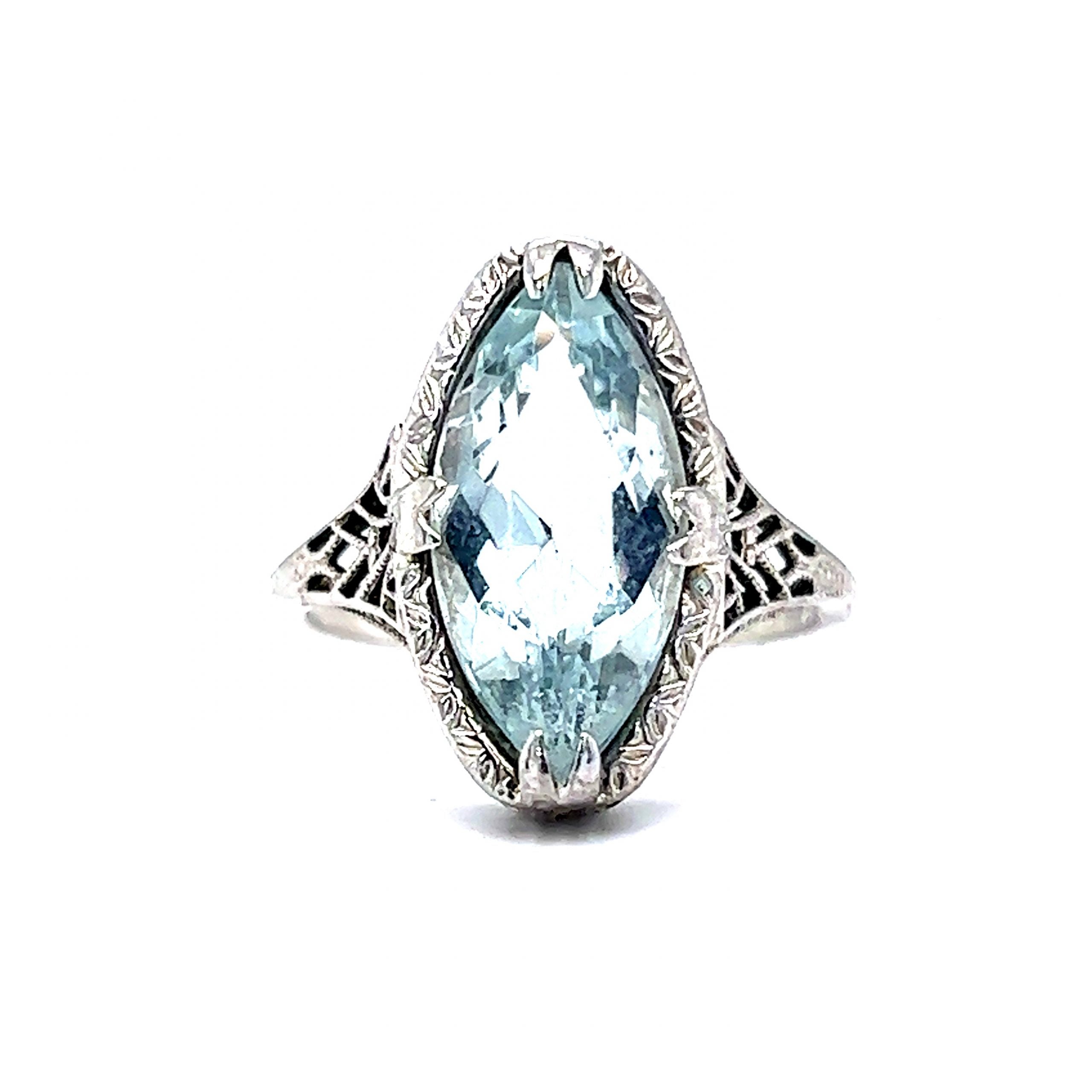 Art Deco Marquise Cut Aquamarine Ring in 18k White Gold - Filigree