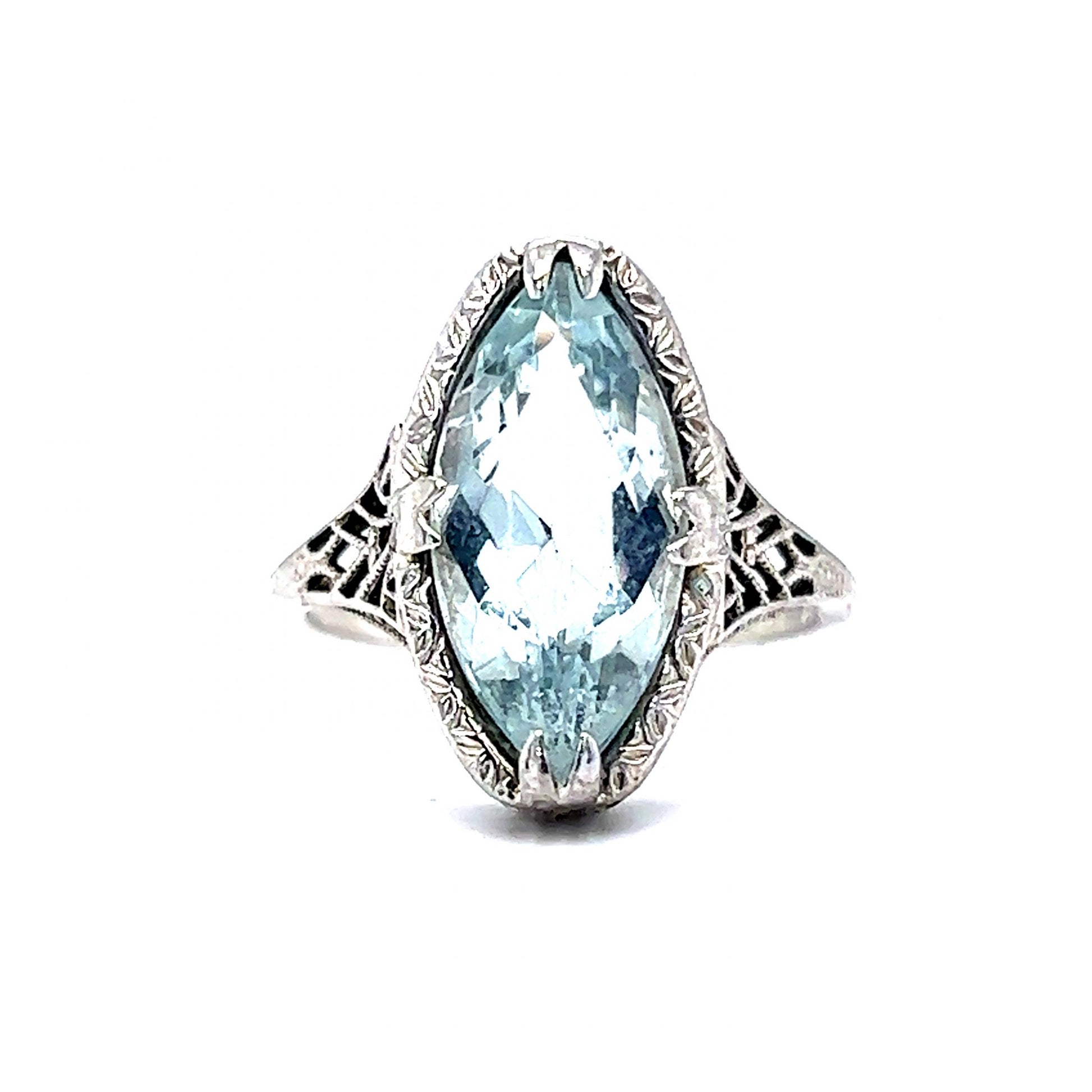 Art Deco Marquise Cut Aquamarine Ring in 18k White Gold