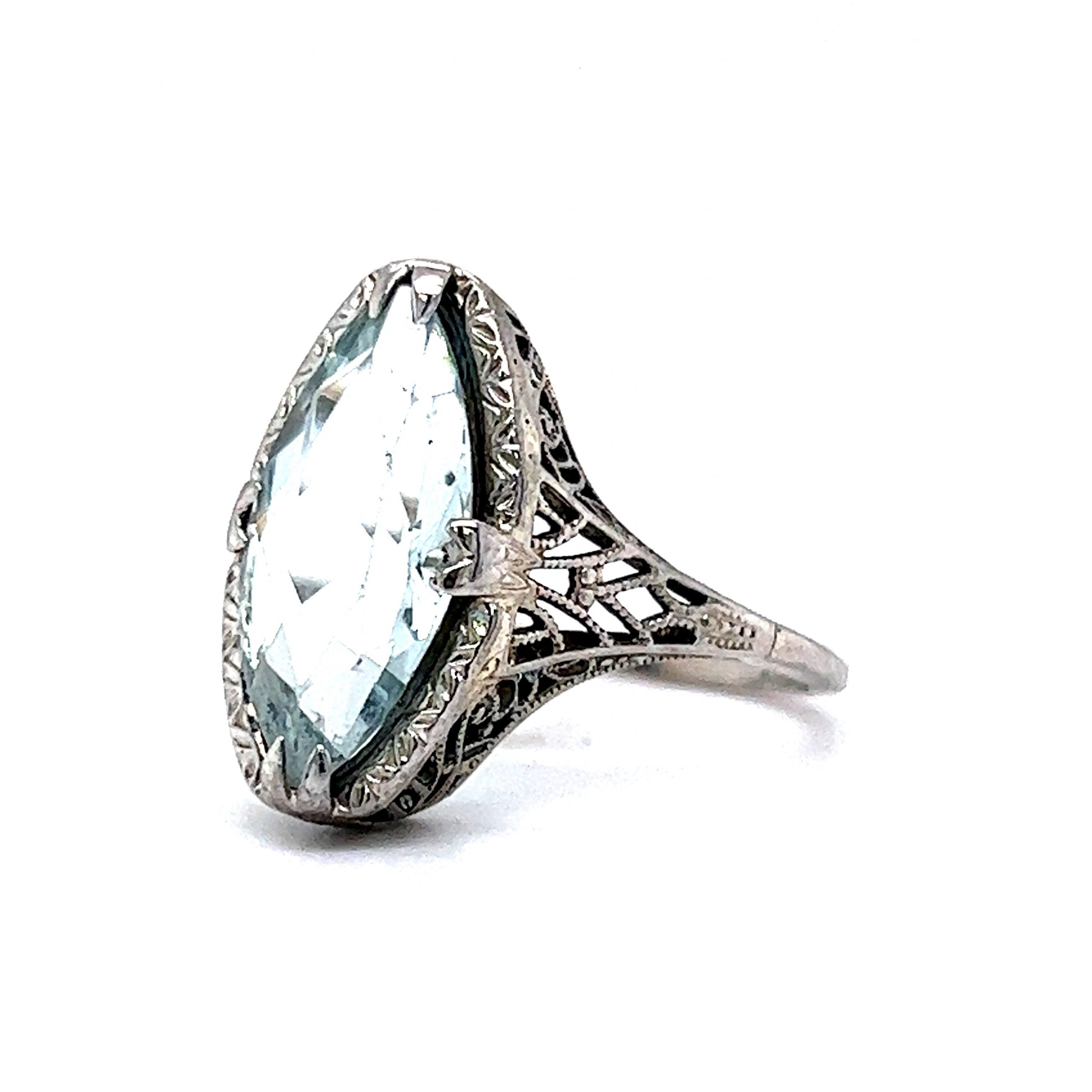 Art Deco Marquise Cut Aquamarine Ring in 18k White Gold - Filigree