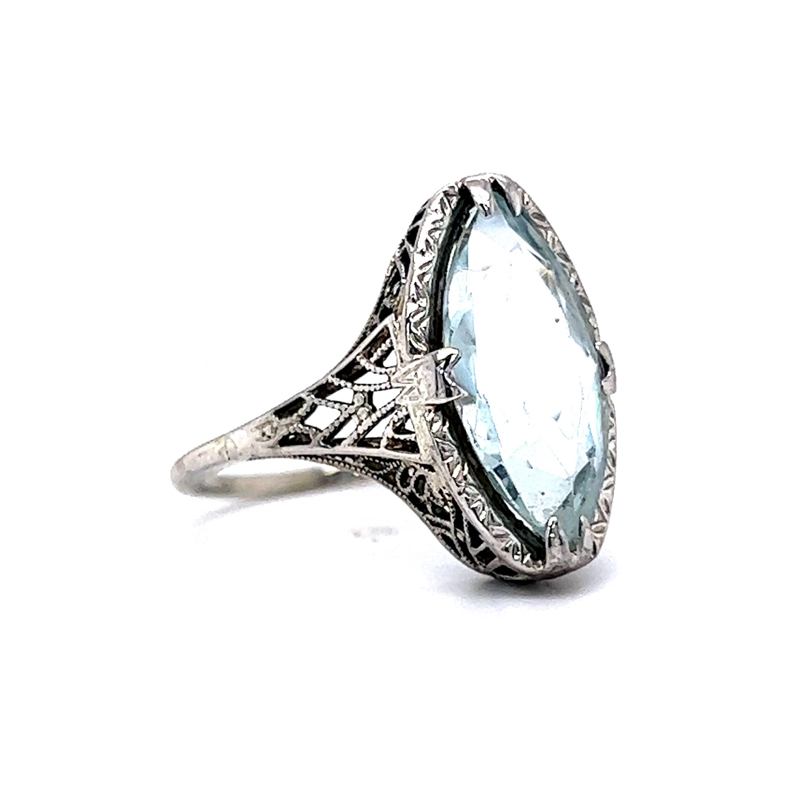 Art Deco Marquise Cut Aquamarine Ring in 18k White Gold