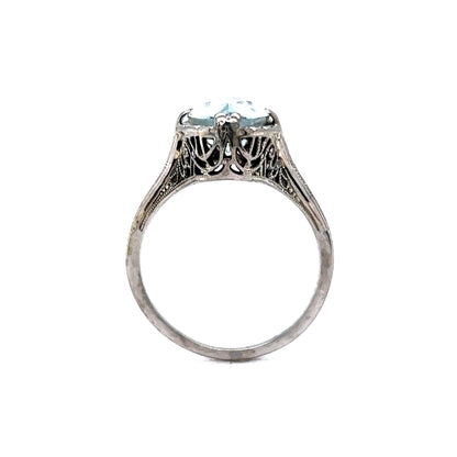 Art Deco Marquise Cut Aquamarine Ring in 18k White Gold