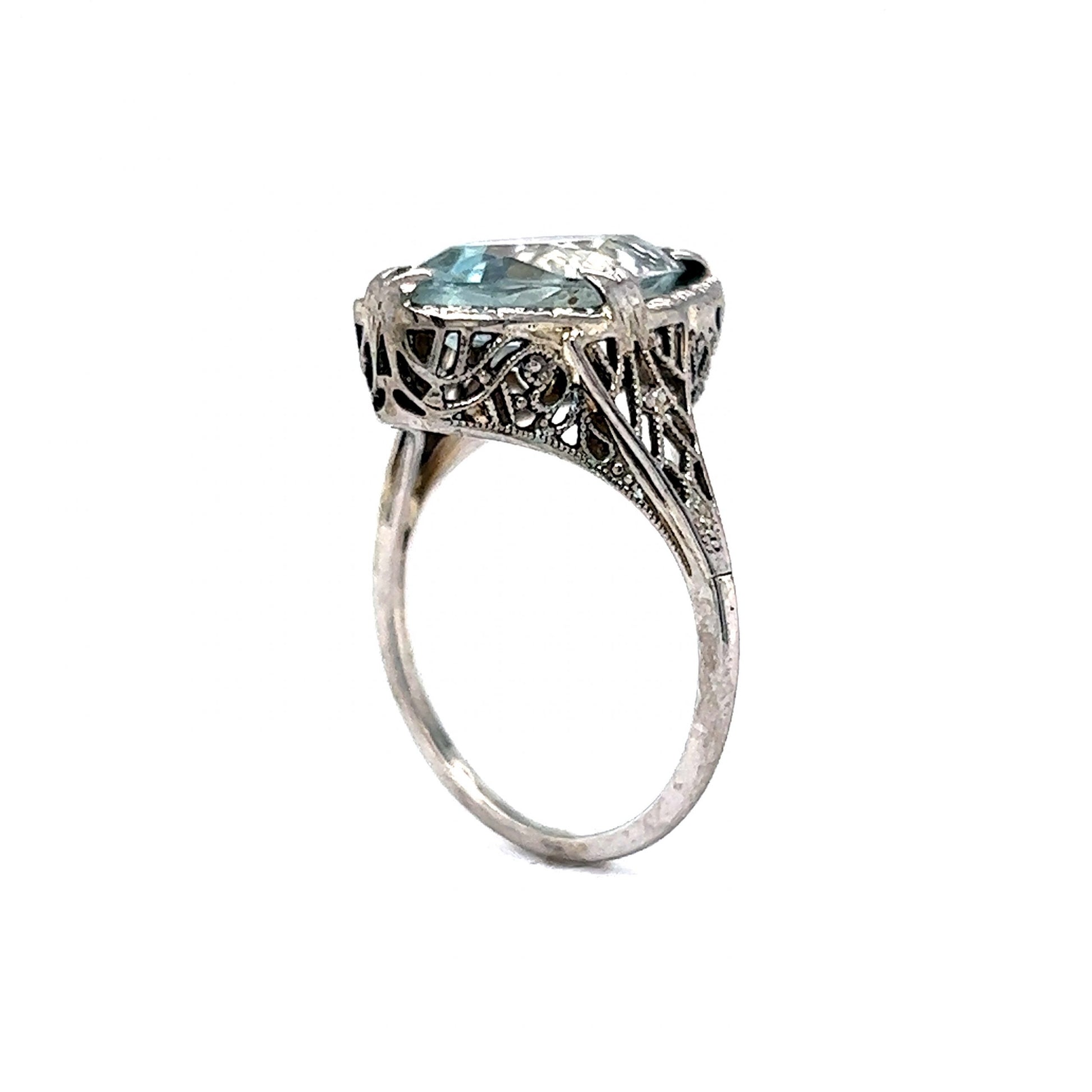 Art Deco Marquise Cut Aquamarine Ring in 18k White Gold