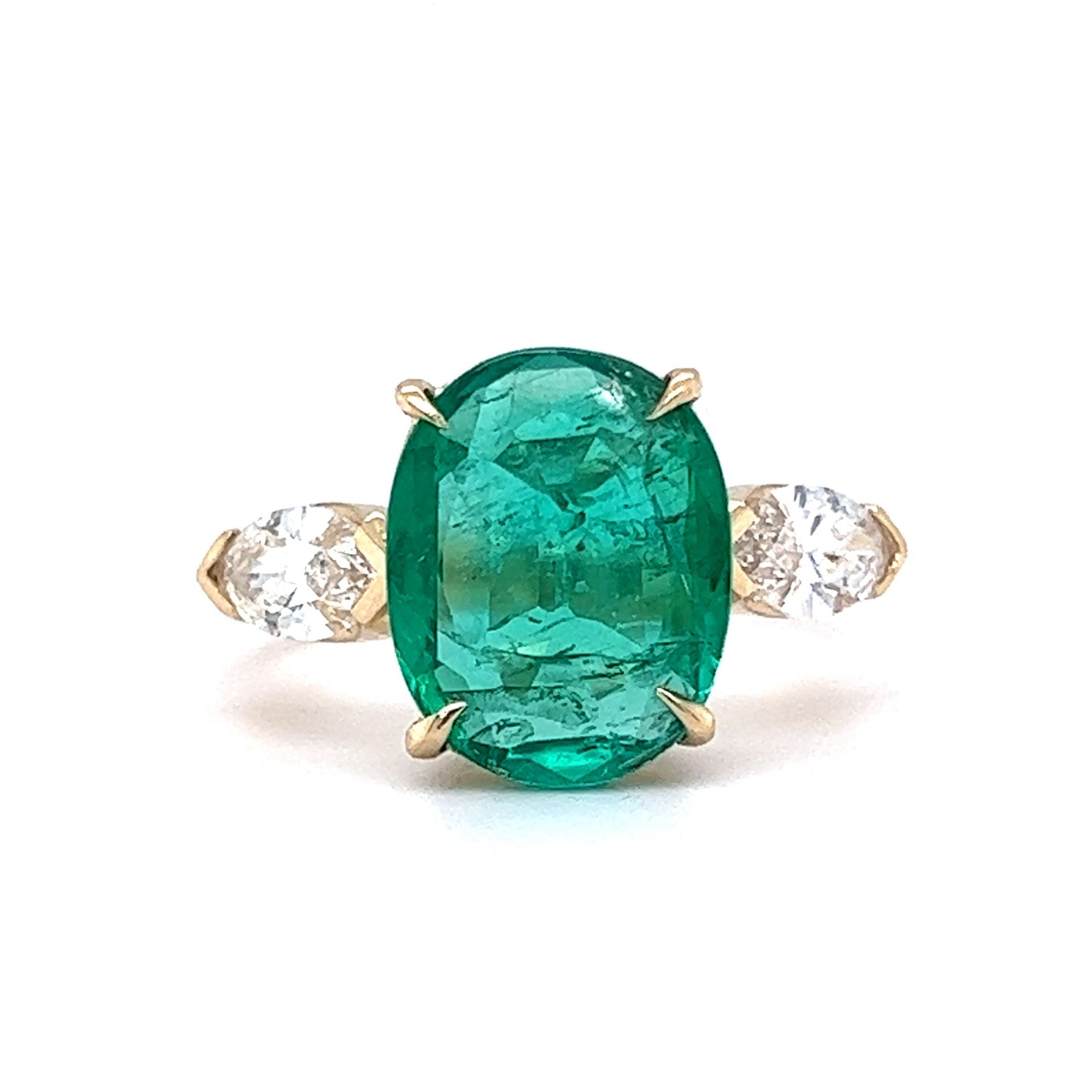 3.01 Oval Cut Emerald & Marquise Diamond Ring in 14k Yellow Gold ...