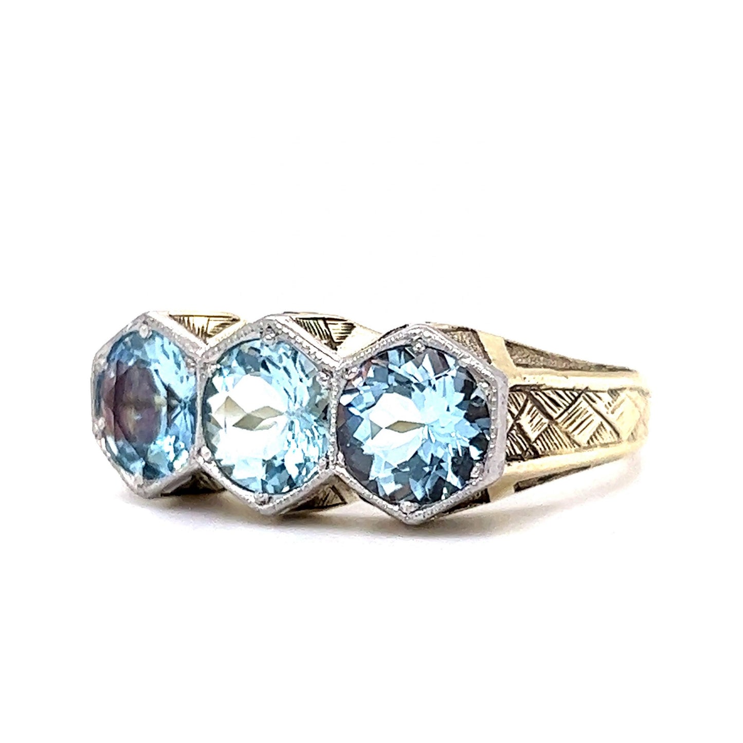 Men's Art Deco Three Stone Aquamarine Ring in 14k Yellow Gold