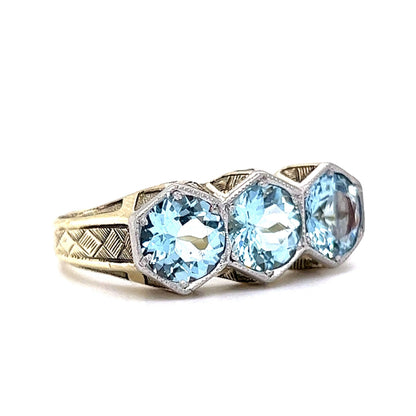 Men's Art Deco Three Stone Aquamarine Ring in 14k Yellow Gold