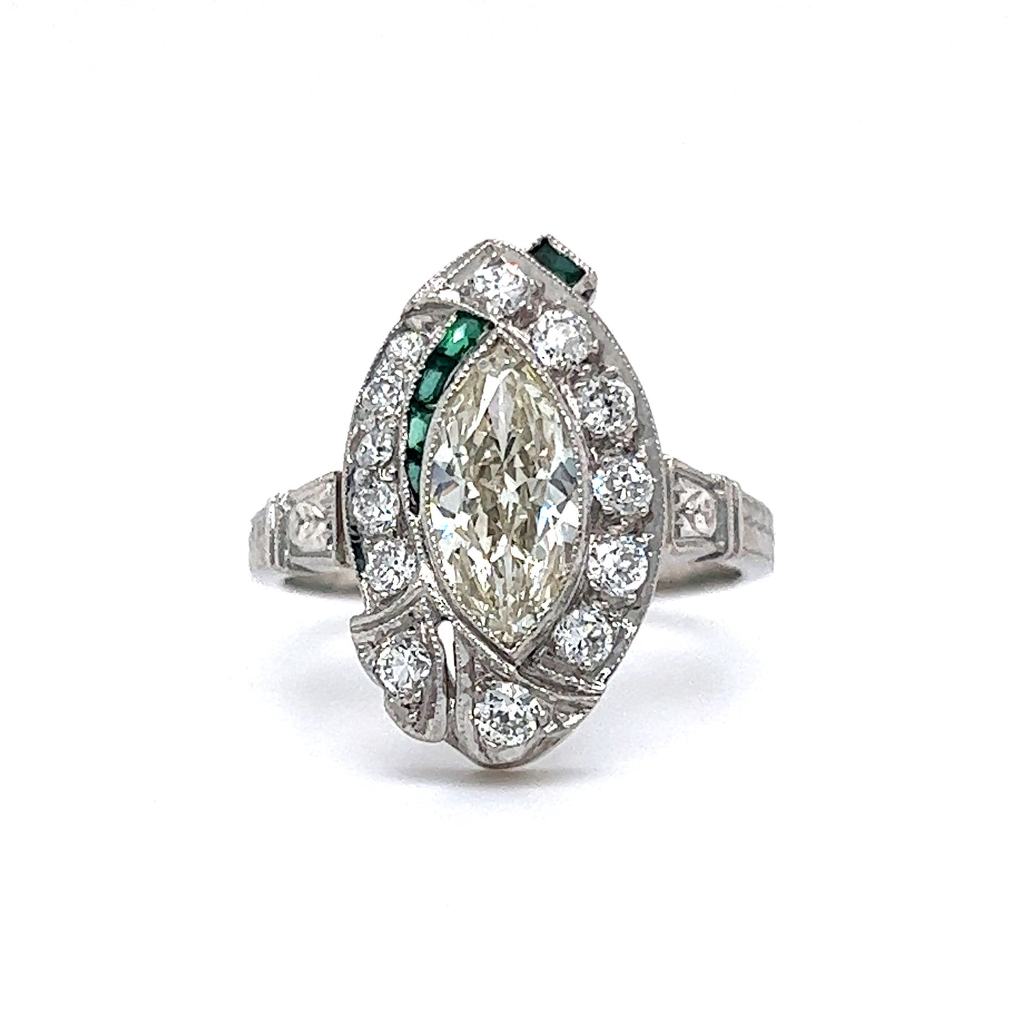 Art Deco Marquise Diamond & Emerald Ring in Platinum