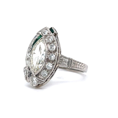 Art Deco Marquise Diamond & Emerald Ring in Platinum