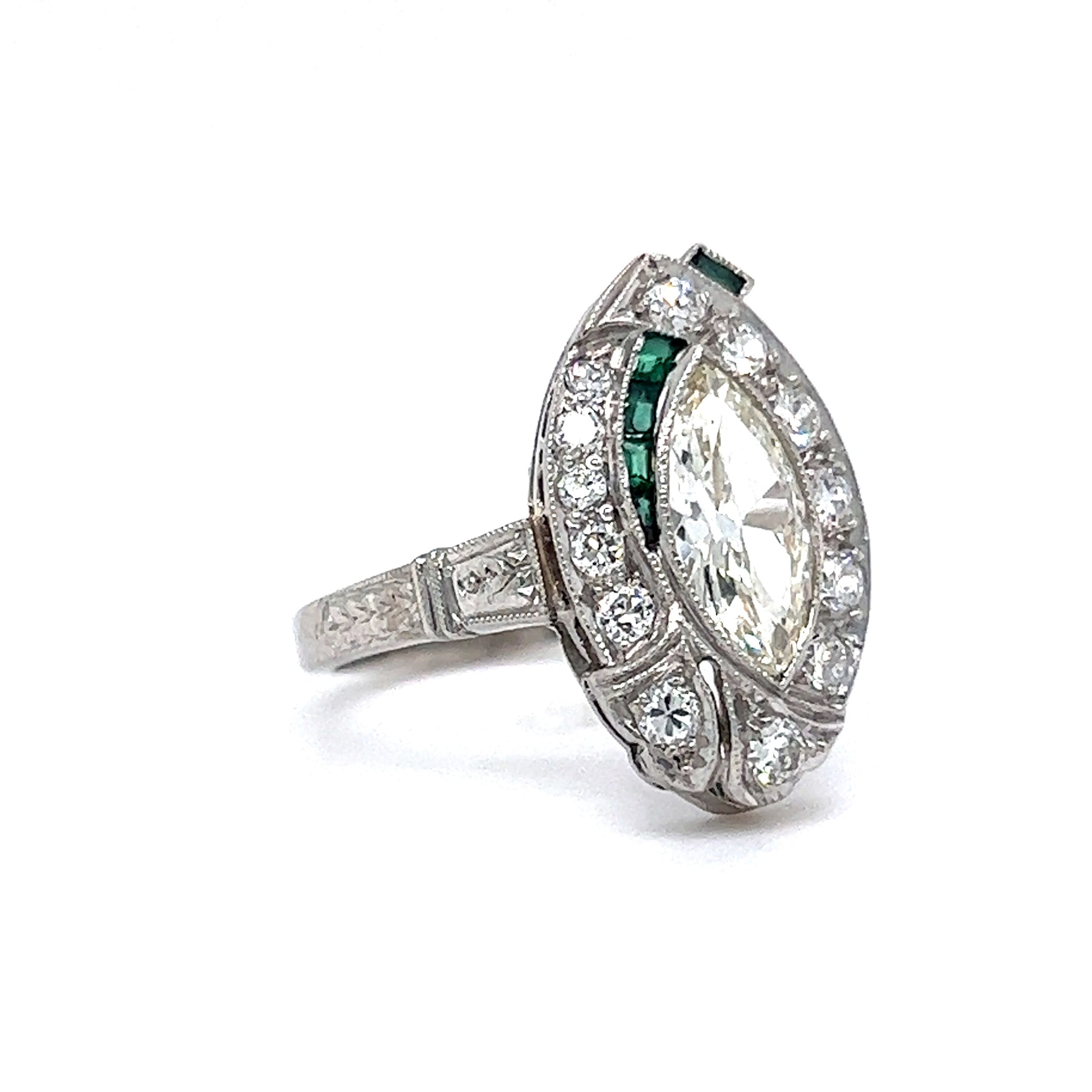 Art Deco Marquise Diamond & Emerald Ring in Platinum