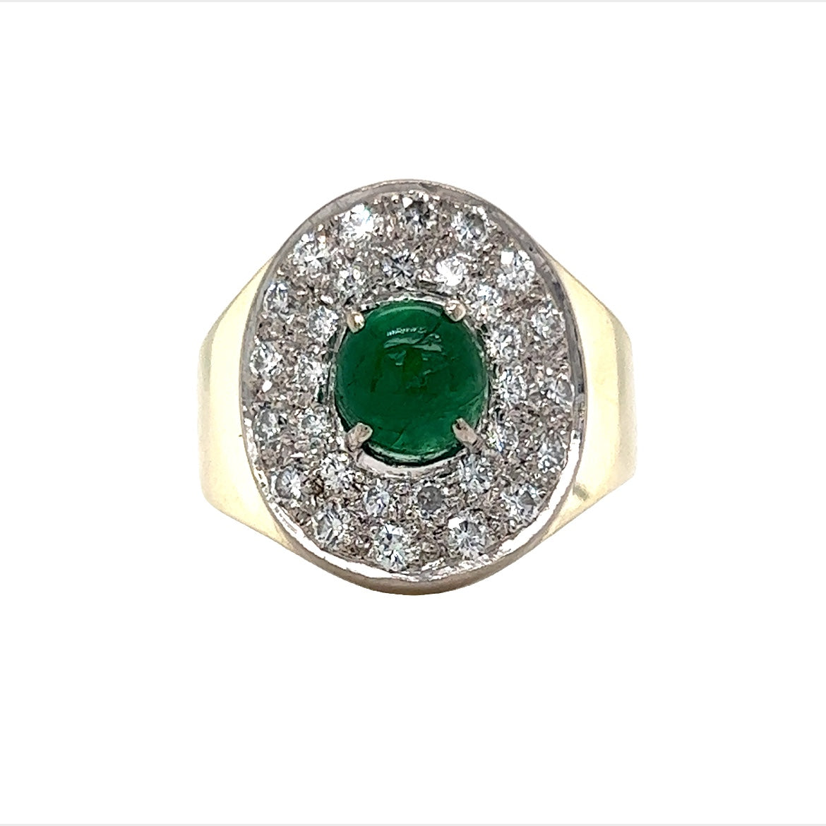 Mid-Century Emerald & Diamond Ring in 14k GoldComposition: 14 Karat Yellow Gold/14 Karat White GoldRing Size: 7.0Total Diamond Weight: .64 ctTotal Gram Weight: 7.7 gInscription: 14k 585