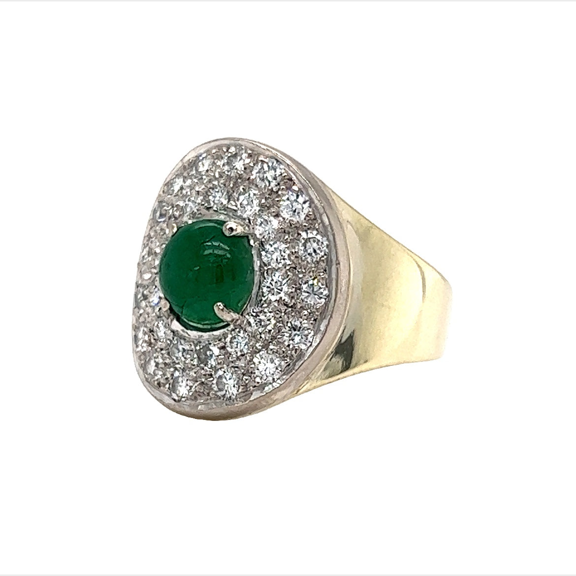 Mid-Century Emerald & Diamond Ring in 14k GoldComposition: 14 Karat Yellow Gold/14 Karat White GoldRing Size: 7.0Total Diamond Weight: .64 ctTotal Gram Weight: 7.7 gInscription: 14k 585