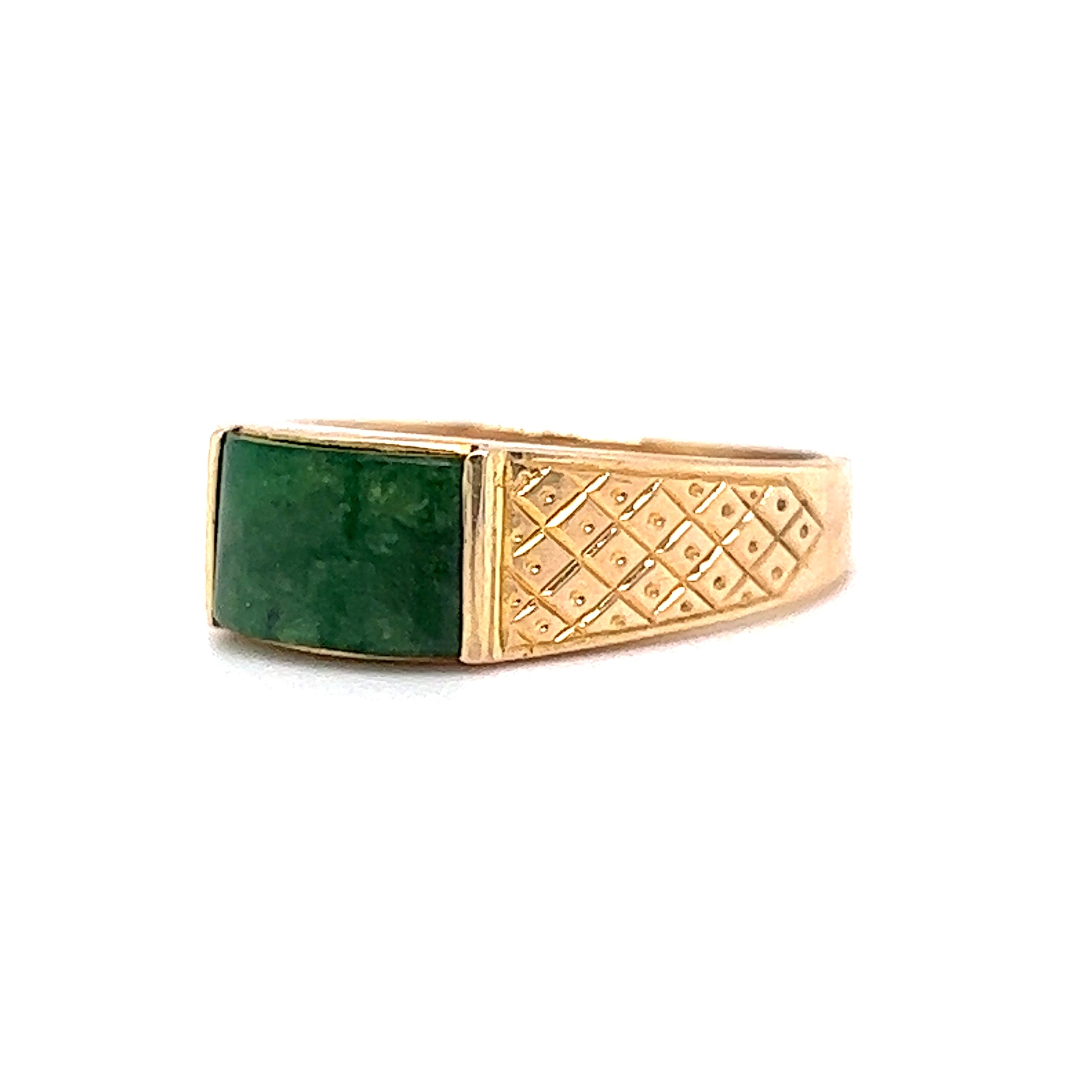 Mid-Century Engraved Jade Ring in 14k Yellow Gold