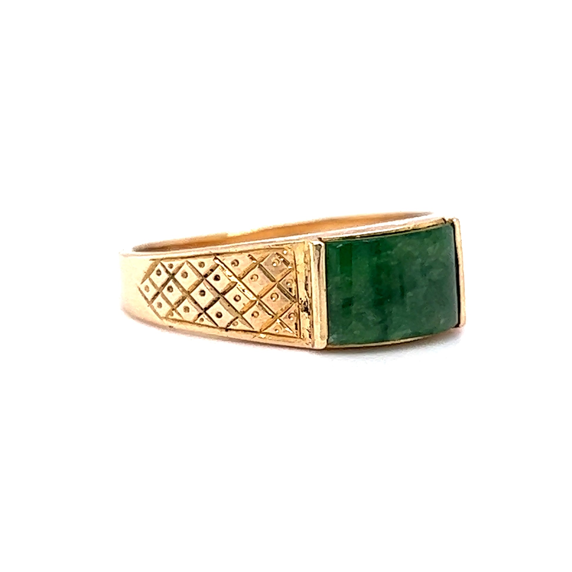 Mid-Century Engraved Jade Ring in 14k Yellow Gold